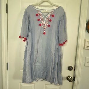 🧵EUC! Blue and White Striped Dress with Bright Pink Pom-Poms from Crown & Ivy🧵